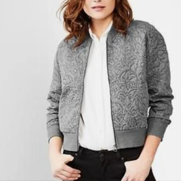 Gap Floral Quilted Cocoon Bomber Jacket Womens Medium Relaxed Grey Pima Cotton - Picture 1 of 11